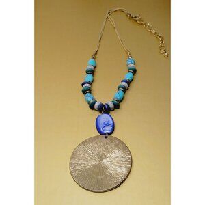Southwest Necklace With Faux Turquoise Beads Blue Stone Gold Tone Pendant 1 7/8"